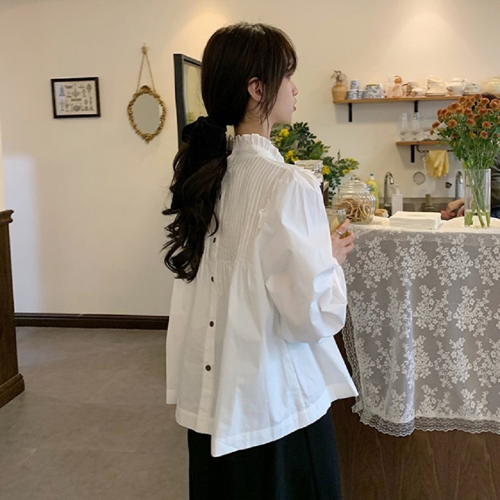Áo babydoll cổ bèo kẻ ly cài cúc sau tiểu thư - Ảnh thật