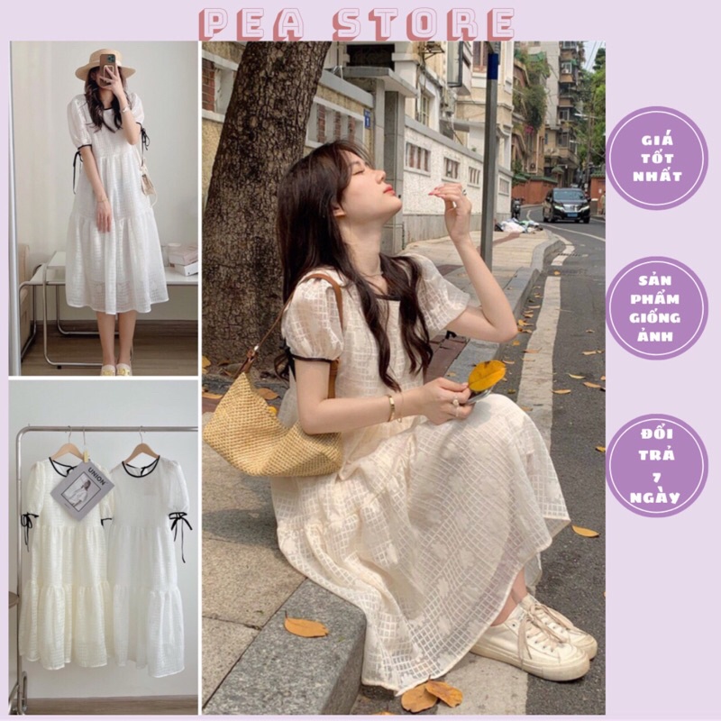 Váy babydoll ren hoa viền đen tay nơ dáng xoè Pea Store (Ảnh thật)