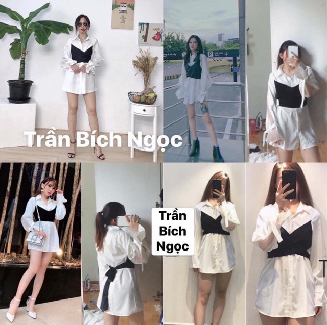 NEW 2021 ÁO GIẤU QUẦN DOUBLE SHIRT DÁNG DÀI - ÁO SƠMI LIỀN TAY ĐẮP CHÉO CỘT NƠ ĐEN PHÍA SAU -ĐẦM ulzzang RẺ VÔ ĐỊCH