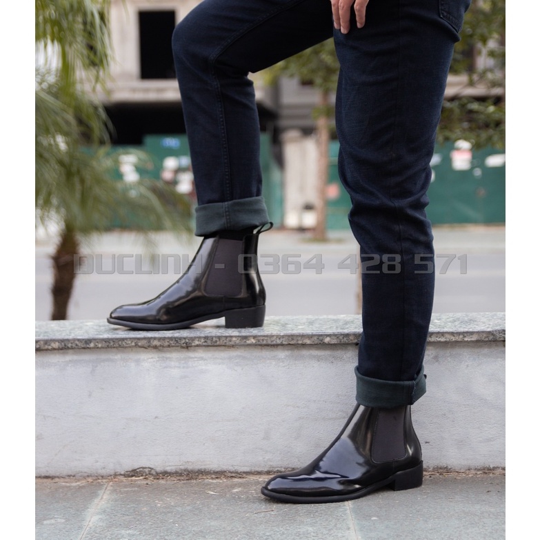 [TẶNG TẤT KHỬ MÙI] Giày Chelsea Boots Da Bóng, Màu Đen độc quyền, hỗ trợ tăng chiều cao bí mật 5cm, dễ phối đồ | BigBuy360 - bigbuy360.vn