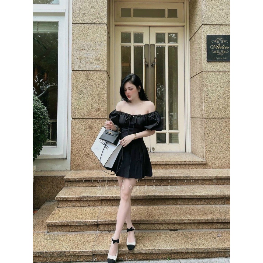 Đầm Đũi Trễ Vai Tay Phồng Xếp Ly Có Mút Ngực