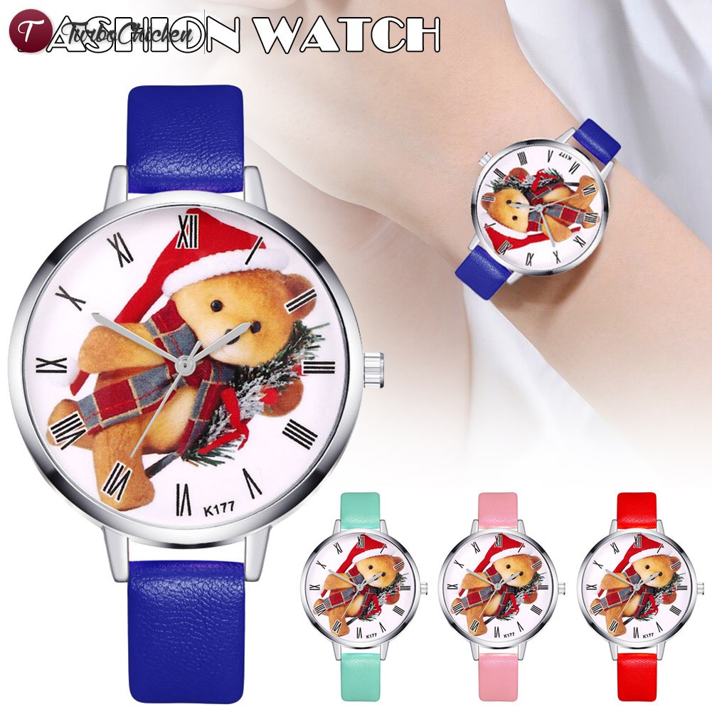 #Đồng hồ đeo tay# Women Watches Round Dial Faux Leather Strap Watch Cartoon Christmas Bear Quartz Watches