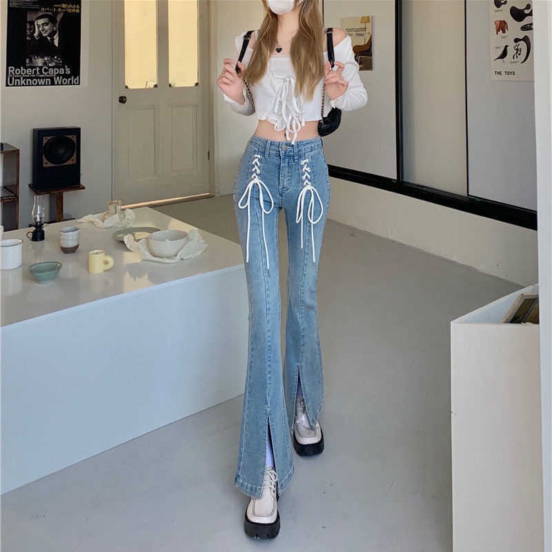 IELGY Quần Jean Ống Loe Lưng Cao Ôm Dáng Xẻ Tà Thời Trang Cho Nữ
