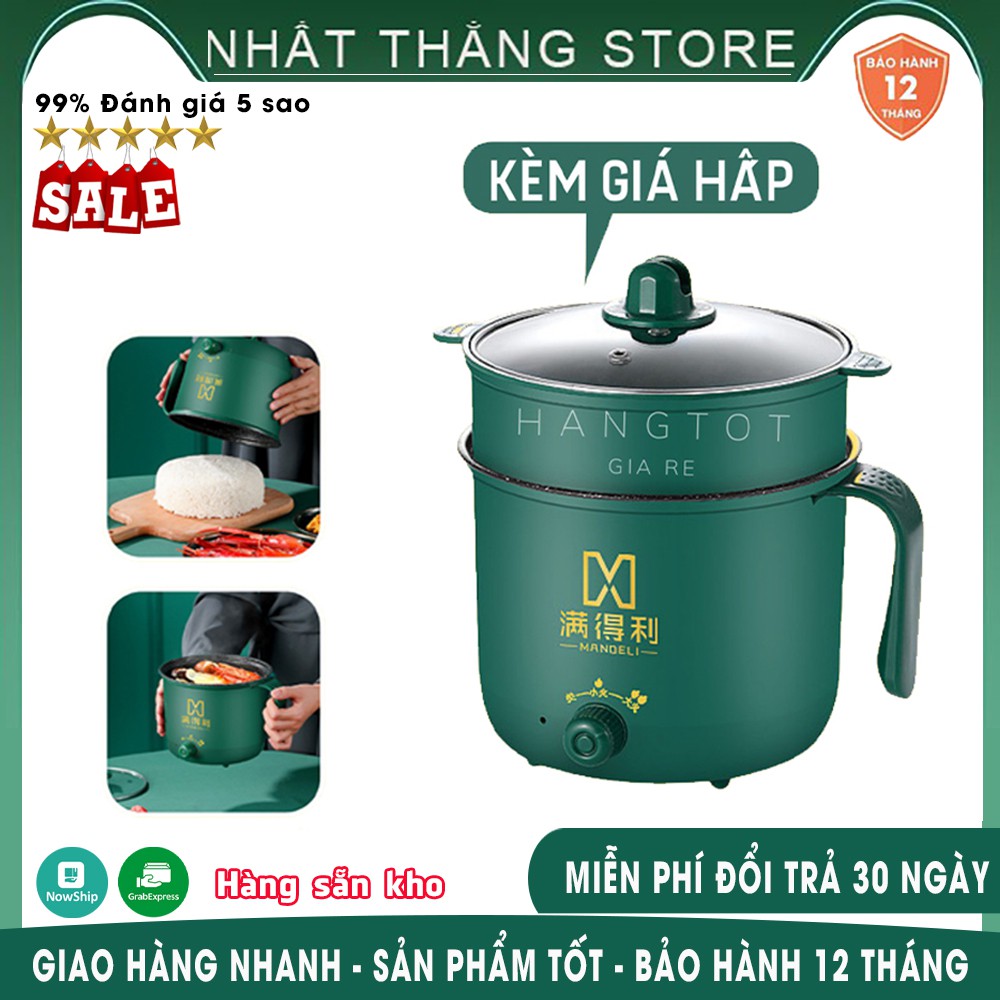 Nồi Lẩu Mini, Ca Nấu Mì Nấu Cơm Đa Năng Có Tay Cầm 1,8L - Nồi Lẩu Điện 2 Nấc Nhiệt Kèm Giá Hấp Siêu Hot