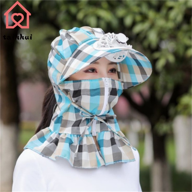 Mũ Rộng Vành Chống Nắng Có Quạt Làm Bằng Cotton Tia Uv Có Dây Đeo Bảo Vệ Cho Nữ