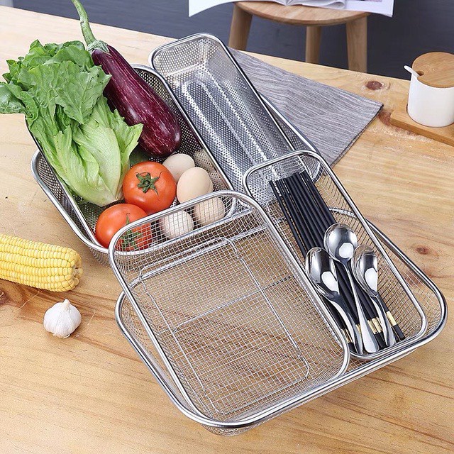 Rổ lưới hình chữ nhật đựng thức ăn chiên inox 304 sáng bóng cao cấp Tiện Lợi