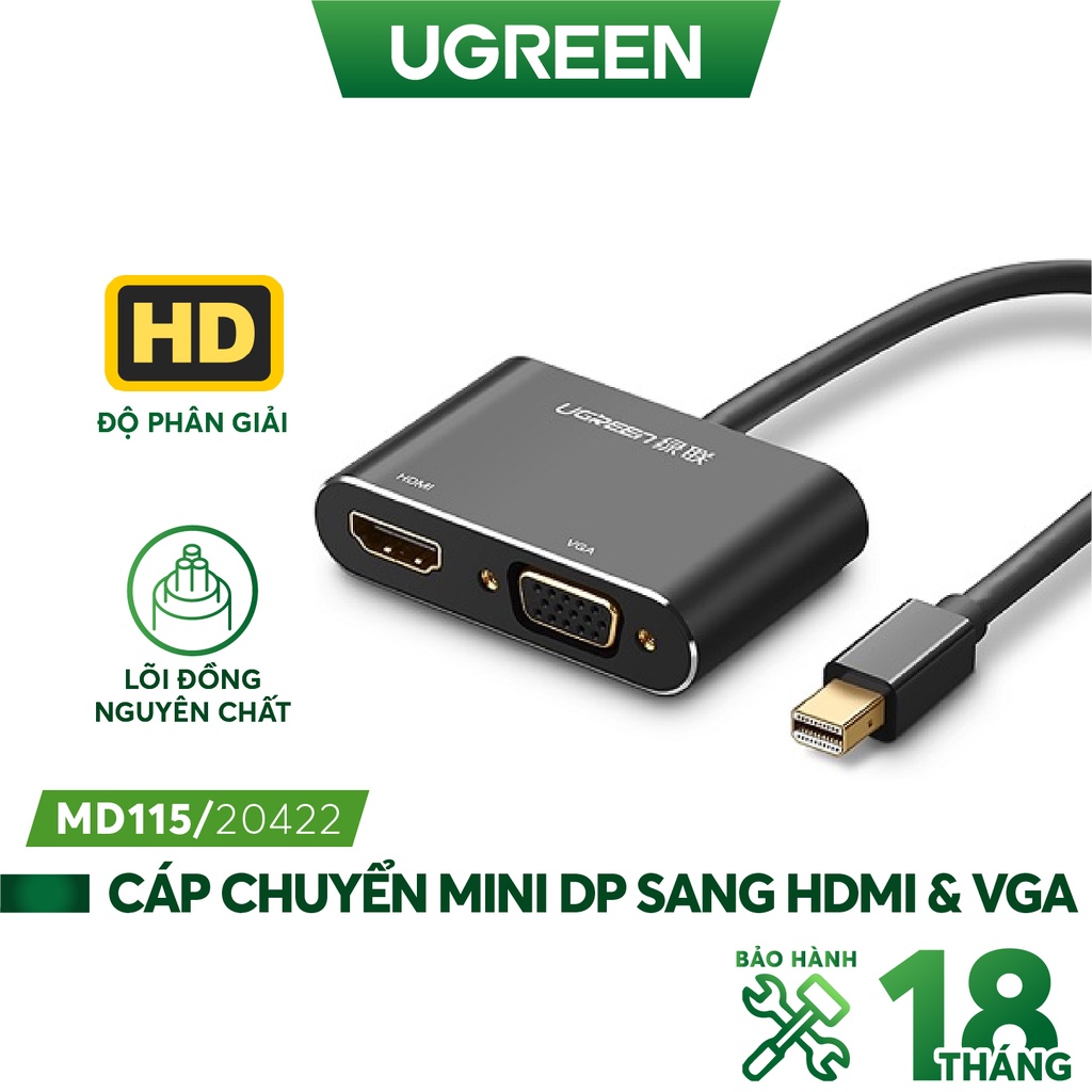 [Mã ELHACE giảm 4% đơn 300K] Cáp chuyển đổi Mini DisplayPort sang HDMI và VGA dài 20cm UGREEN MD115