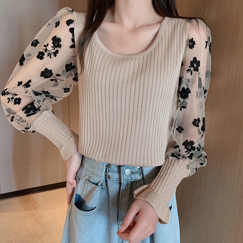 ❥ Áo Dệt Kim Ngắn Cổ Tròn Xếp Ly Tương Phản Phong Cách Hàn Quốc Thời Trang Mùa Thu Cho Nữ
