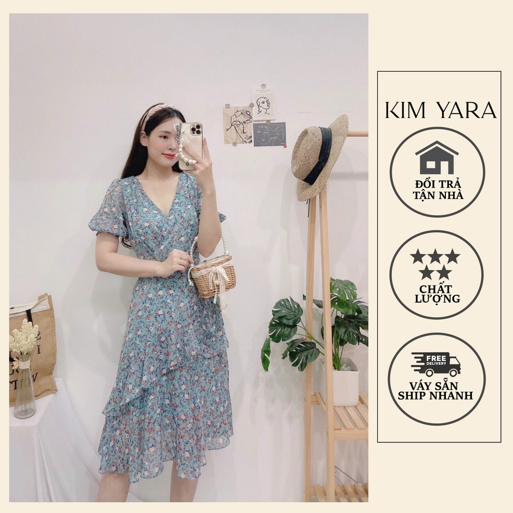 Váy dài qua gối hoa nhí xinh cổ V tùng bèo xéo 2 tầng