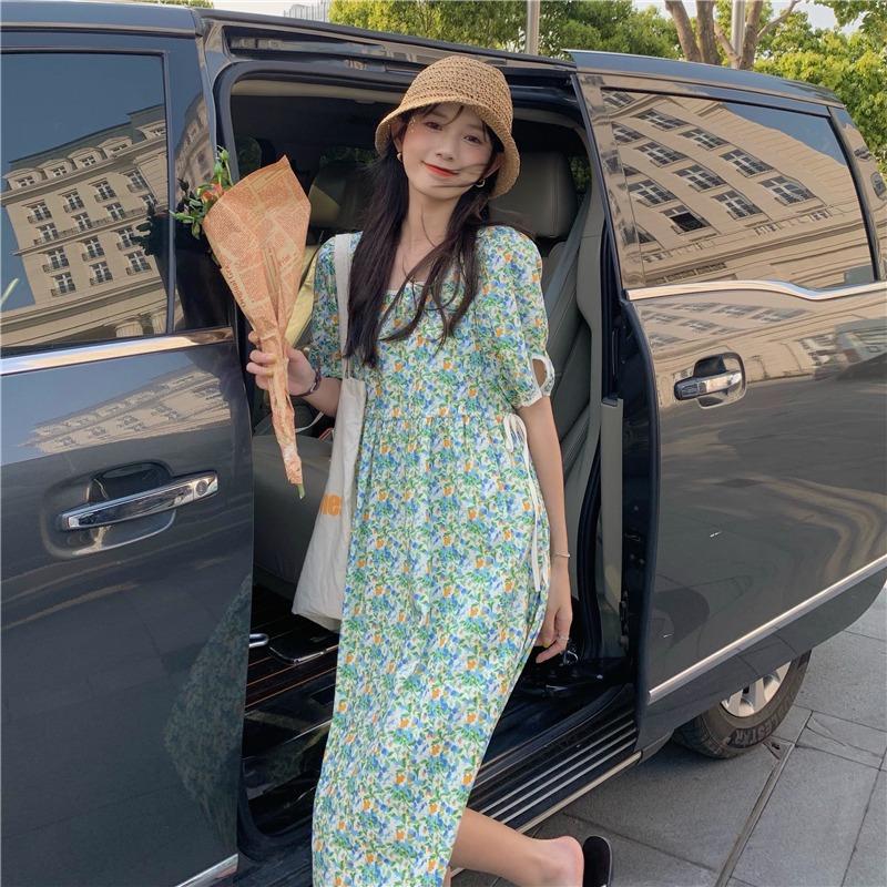 Đầm Ngắn Tay In Hoa Với Thiết Kế Cổ Vuông Xinh Xắn Theo Phong Cách Hàn Quốc