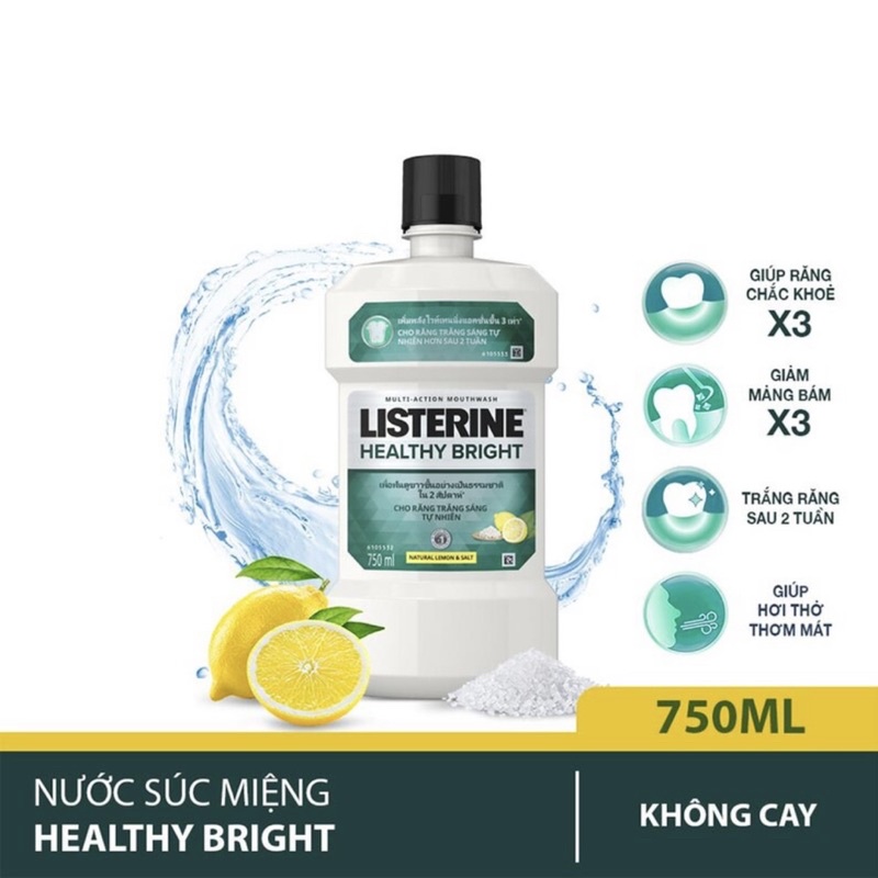 Nước súc miệng giúp răng trắng sáng tự nhiên Listerine Healthy Bright 750ML