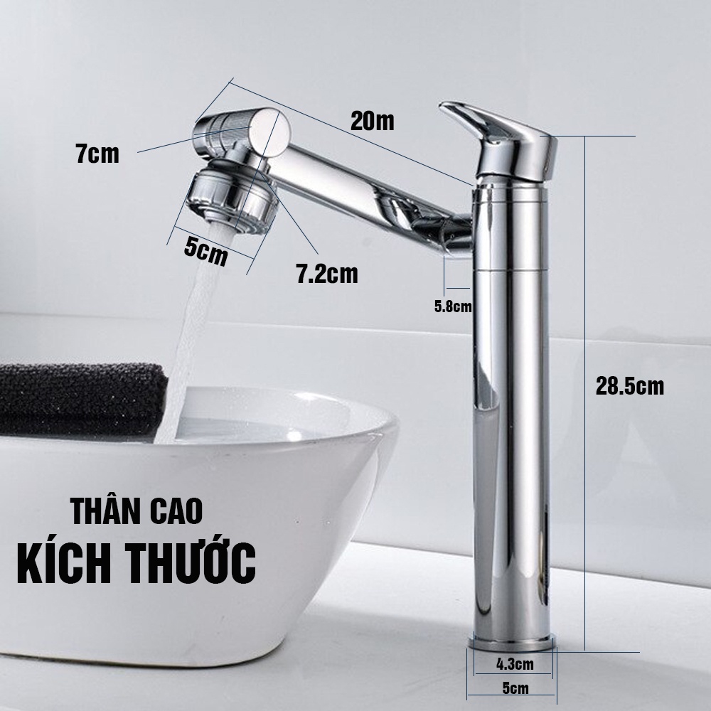 Vòi rửa mặt Lavabo xoay 720 độ gật gù, thân cao, Crom, điều chỉnh nước Minh House