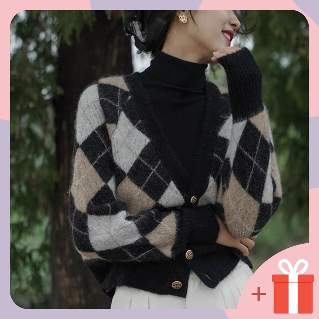 Áo cardigan khoác len quả trám WANAWEAR cadigan sweater đôi nam nữ họa tiết kẻ cổ điển vintage màu nâu đen