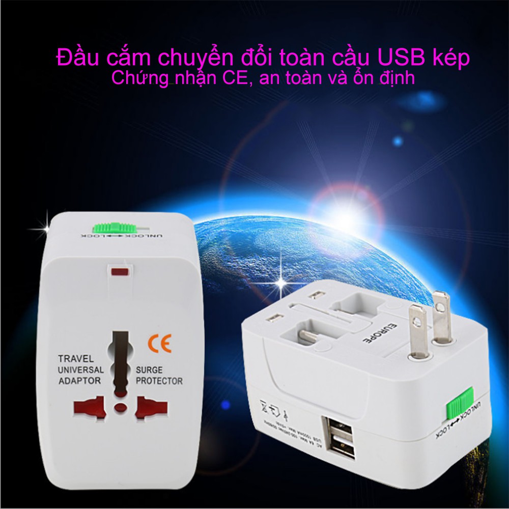 Phích cắm chuyên dùng du lịch quốc tế - Bộ chuyển đổi du lịch usb đa năng  - Ổ cắm bằng đồng 2 3 chân sạc usb