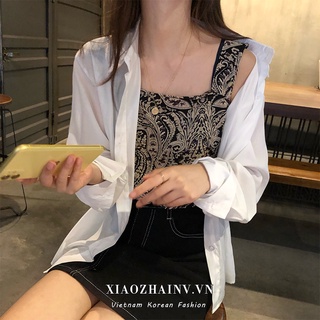 Xiaozhainv Áo sơ mi dài tay màu trắng đơn giản/ áo hai dây mặc ngoài in họa tiết thời trang cho nữ (bán lẻ)