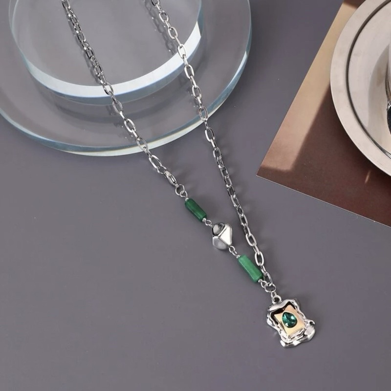 Dây chuyền Nam Nữ Mặt Hình Chữ Nhật Giọt Nước Xanh Lá Bằng Thép Titan Không Gỉ - Vòng Cổ Quyến Rũ Hình Học