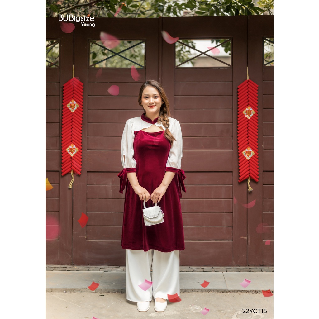Áo dài nhung khoét cổ phối kèm quần (55kg đến 95kg) - 22YCT15 - [BU Bigsize Young]