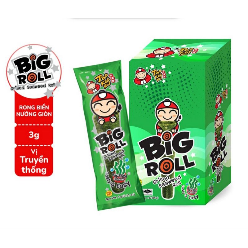 ( 1 thùng = 12 hộp)Snack Rong Biển Taokaenoi BIG ROLL Thái Lan nhiều vị: truyền thống, mực, cay 3g.