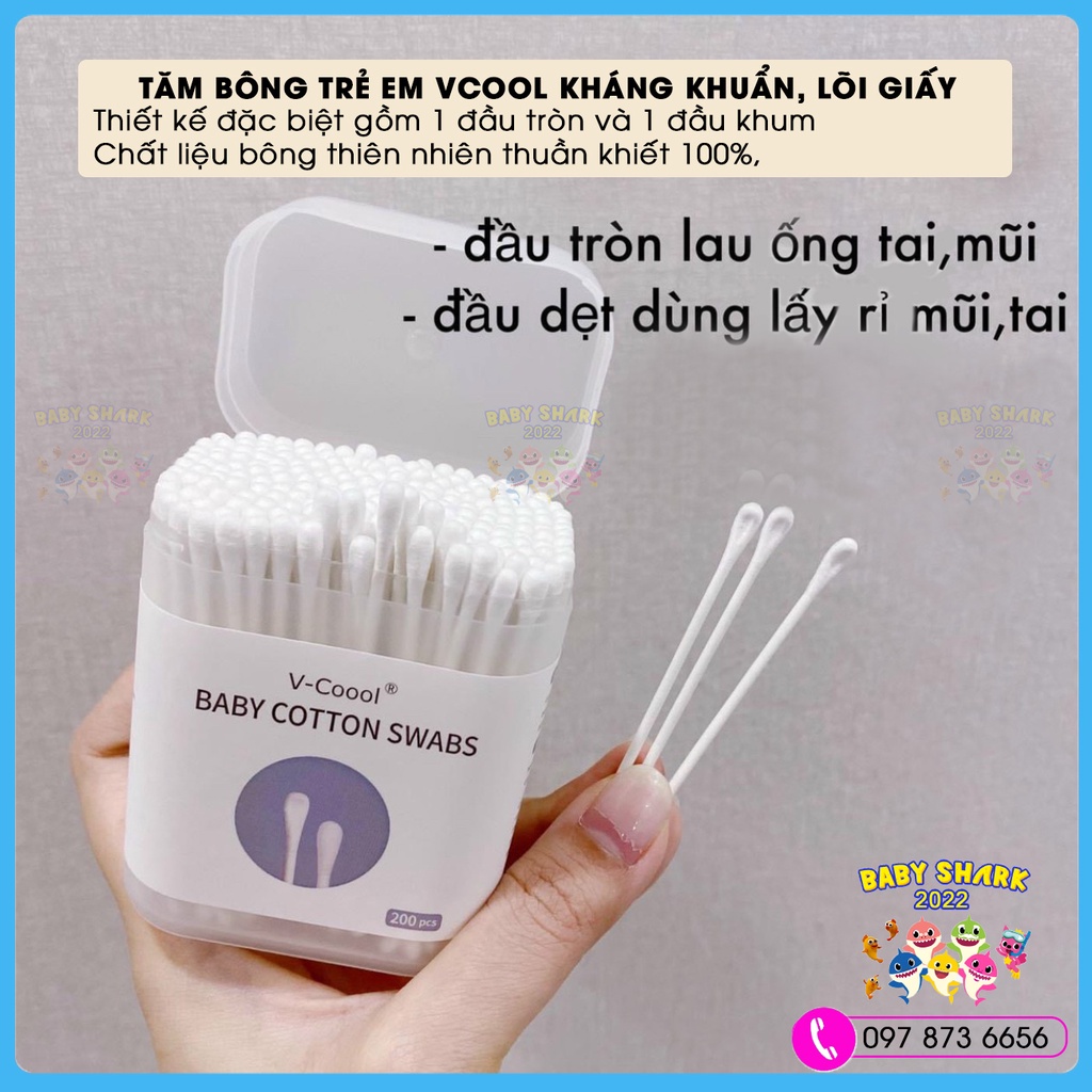 Tăm bông cho bé sơ sinh Vcoool, tăm bông trẻ em kháng khuẩn ( hộp 200 que lõi giấy)