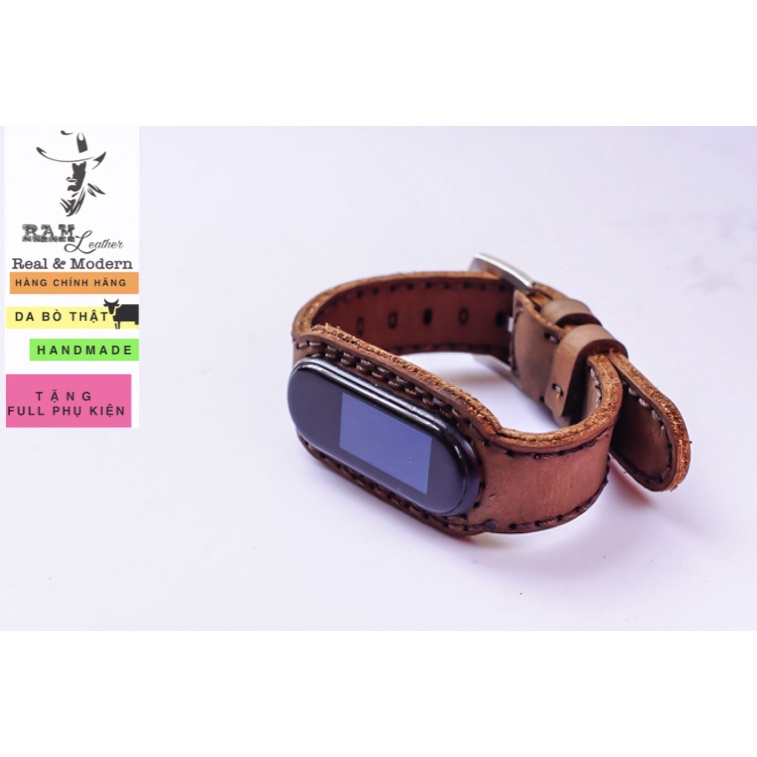 Dây Đồng Hồ Da Thật RAM Leather Cho Mi band 4 Và Mi band 3 Ver2 - Da Bò Đen Tuyền (Da Bò Thật) - RAM Leather  Bền Đẹp