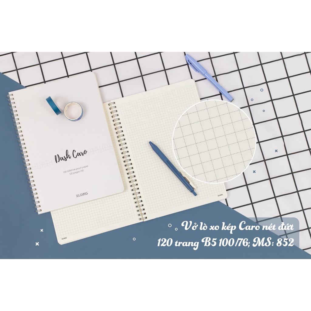 SỔ KLONG B5 caro NÉT ĐỨT 120 TRANG 100gsm lò xo kép, ô 5x5mm, HXGS sổ tập vở klong MS 852