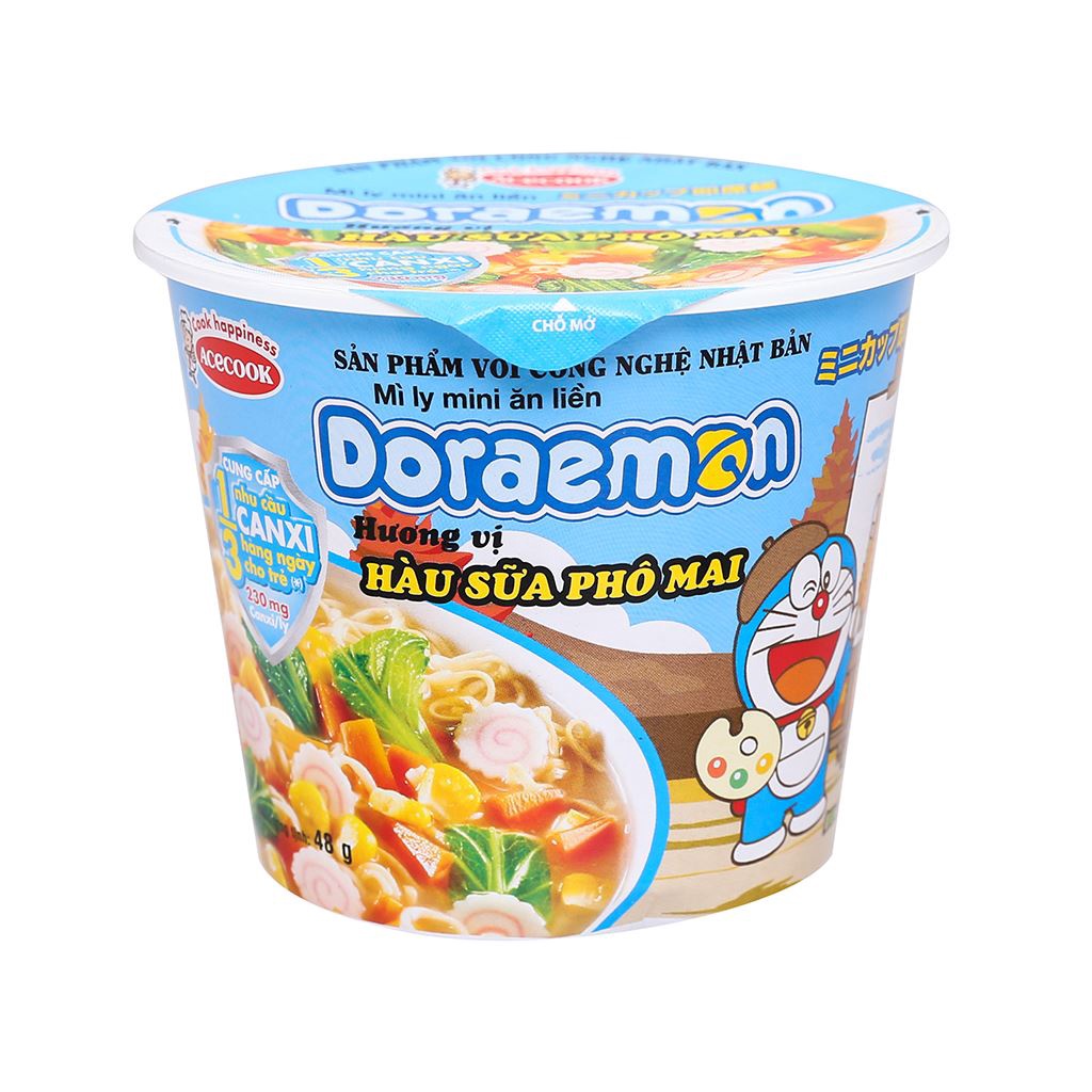 Thùng 12 ly mì ăn liền Doraemon vị hàu sữa phô mai/ hải sản chua ngọt 48g