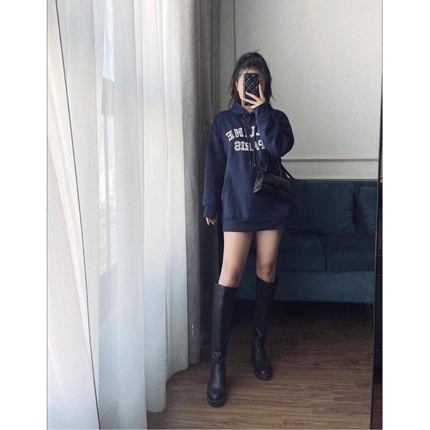 Áo Nỉ Hoodie Mũ Paris Màu Xanh Than Dáng Rộng Giấu Quần