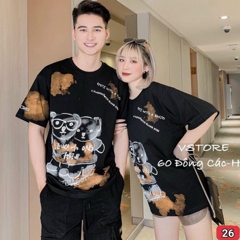 Áo Thun Cặp Đôi Nam Nữ In Hình Con Gấu Cổ Tròn LUANSTORE99 vải Cotton co giãn 4 chiều dày dặn tay ngắn 2 màu