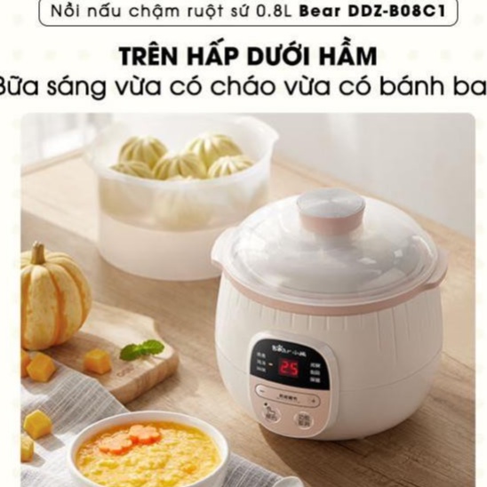 Nồi nấu cháo chậm cho bé ăn dặm Bear SUBE001 ( có lồng hấp), Nồi hầm cháo chậm , ninh, ủ chào, chưng yến_bảo hành 18Th