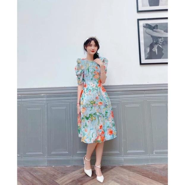 Đầm voan dài hoa xanh - đầm váy form chữ A dễ thương ngọt ngào tiểu thư - thời trang đi chơi dạo phố nhẹ nhàng hình thật
