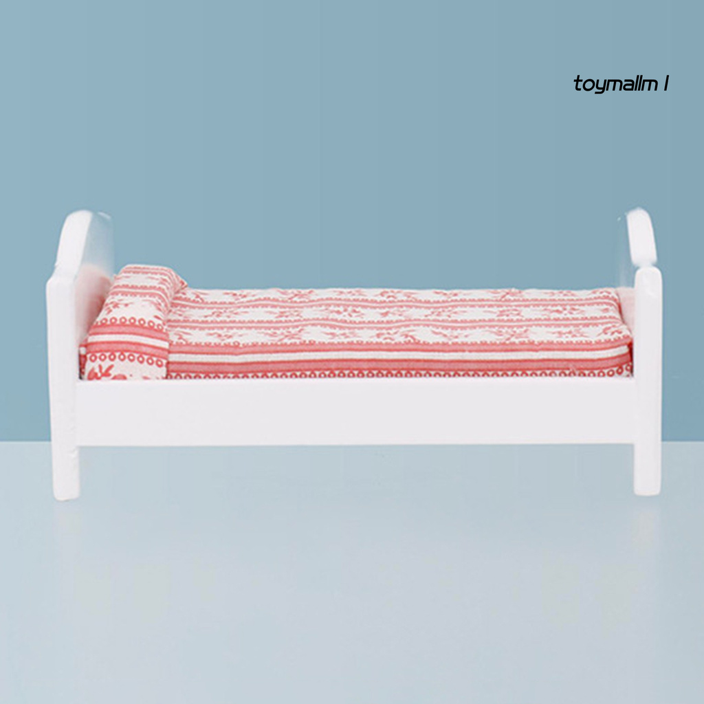 toymall 1/12 Mini Doll House Red Striped Children Small Bed Model Toy Furniture Decor