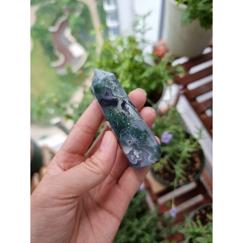 Trụ đá thanh tẩy Moss Agate (mã não rêu), trụ đá phong thủy dùng trong Tarot, Reiki, thiền định