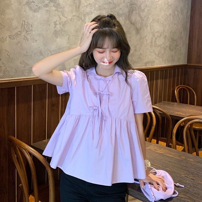 Áo Sơ Mi Tay Ngắn Dáng Rộng Màu Trơn Cột Nơ Dễ Thương Thời Trang Mùa Hè Cho Bạn Gái