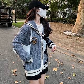 (HÀNG SẴN) Áo khoác len cardigan xoắn thừng 1 bên, họa tiết hình thoi cổ thủy thủ sang chảnh hàng loại 1