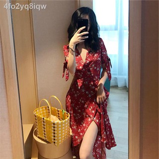 Váy quấn kiểu Pháp ôm vừa vặn cổ chữ v thắt lưng dài giữa một mảnh hoa gợi cảm mùa hè nữ