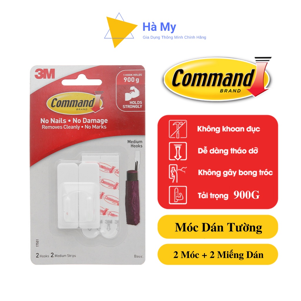 Móc Treo,Dán Tường Đa Năng 3M Command Siêu Dính 900G Vỉ 2 Chiếc ,Móc Treo Quần Áo,Chìa Khóa,Trang Trí,Túi Sách