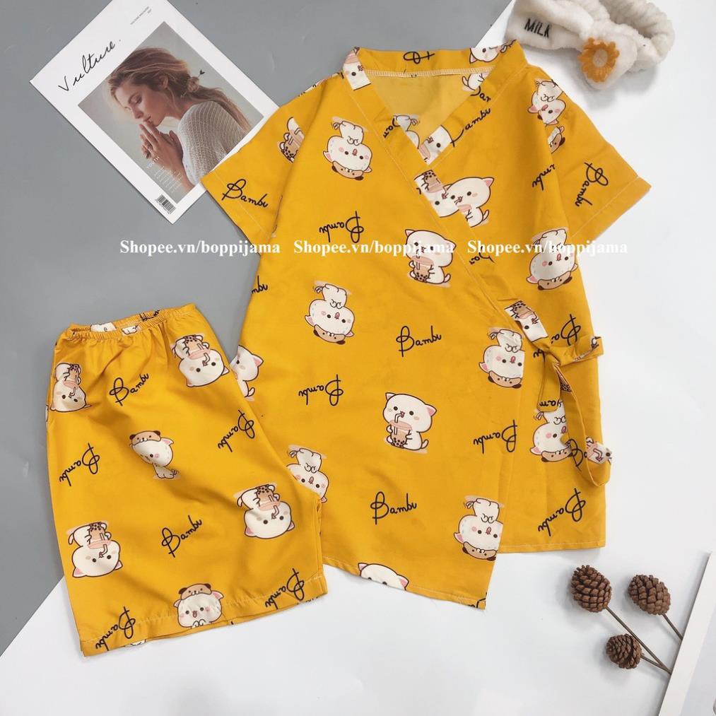 Đồ Bộ mặc nhà nữ Pijama Kimono áo cộc tay, quần đùi. pizama mặc ngủ mùa hè mát, buộc nơ cực xinh – HATIBO 04  ཾ