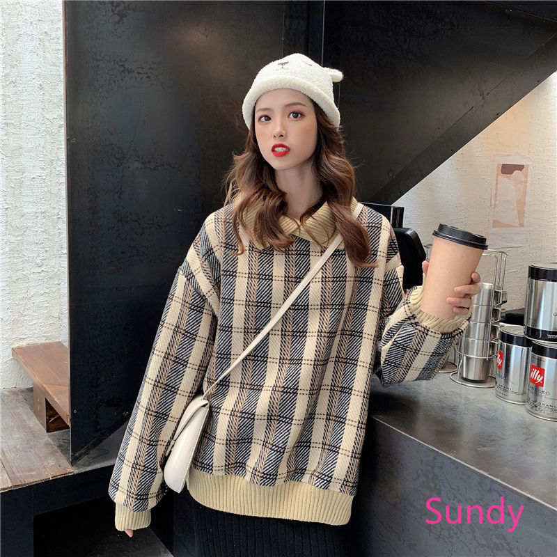 Áo Sweater Nhung Dày Dáng Rộng Cổ Polo Kẻ Sọc Xinh Xắn Dành Cho Nữ