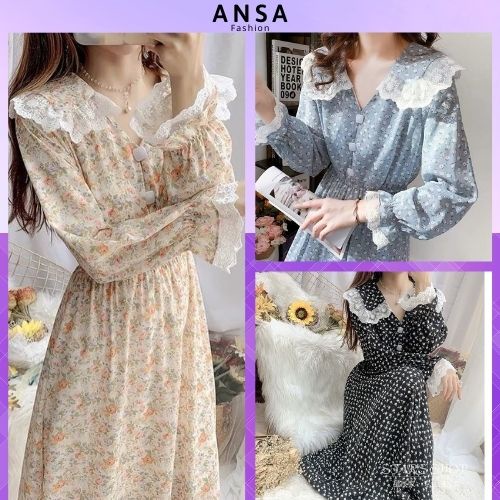 Váy hoa nhí vintage dáng dài phối ren cổ áo và tay áo