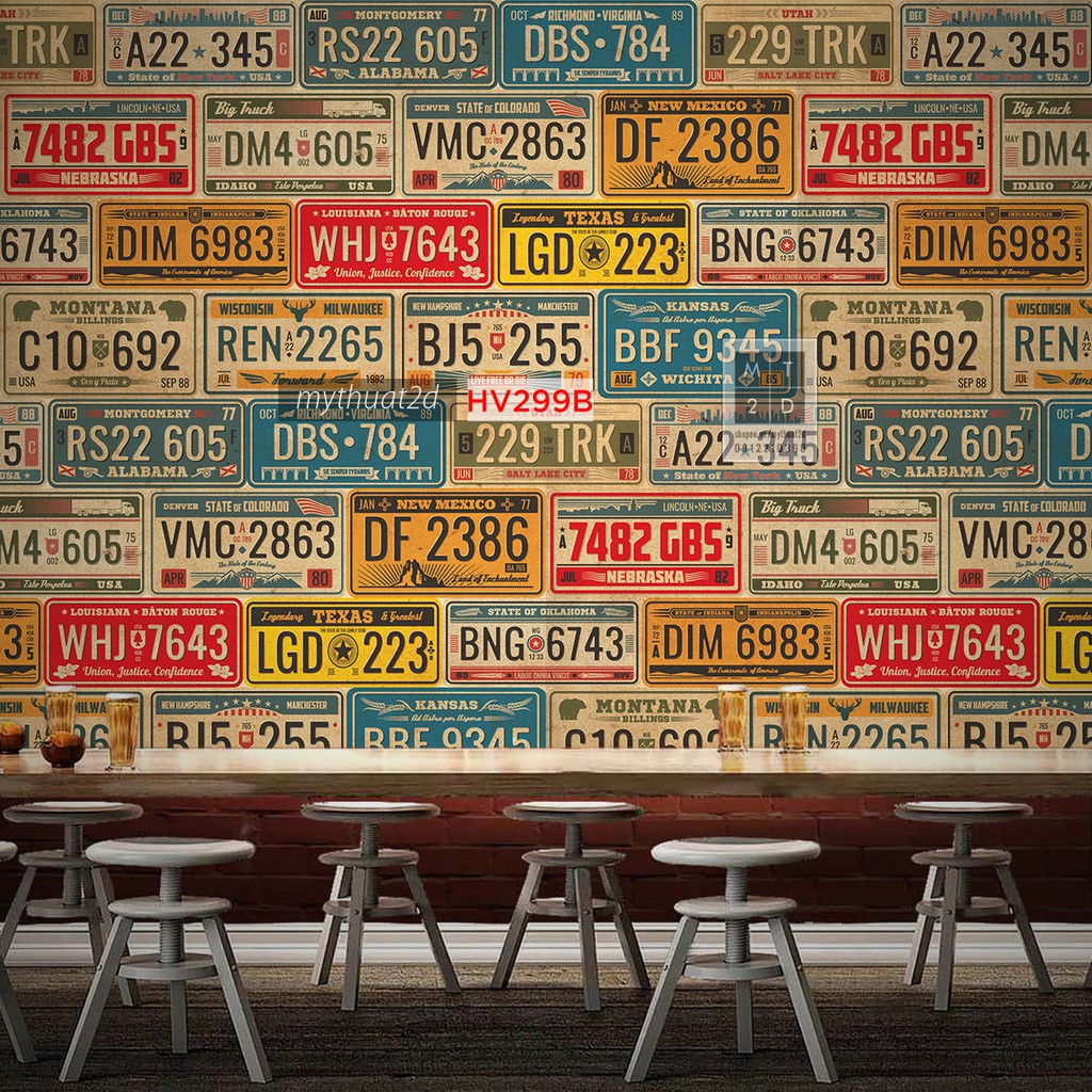 [NHIỀU MẪU] Decal gạch bông Retro biển số xe cũ trang trí tiệm quán - quầy bar, kt 120x60cm/set