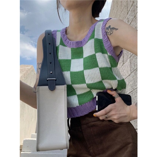 Áo dệt kim hai dây họa tiết sọc caro thời trang cho nữ