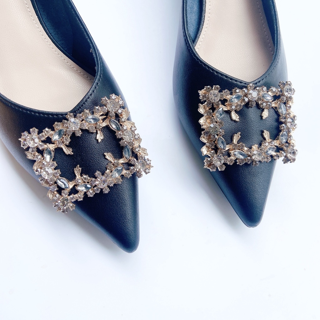 Giày cao gót đế vuông mũi nhọn charm đá 5p nữ da mềm thời trang công sở đẹp cao cấp -tiemgiaydazzling DA761