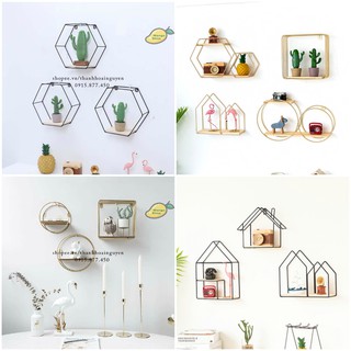 Khung treo lục giác đế gỗ treo tường xinh xắn ( kệ sắt tròn treo tường decor trang trí )