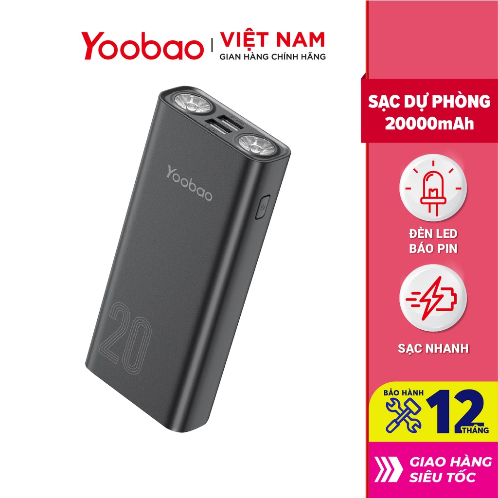 Pin sạc dự phòng Yoobao L20 20000mAh tích hợp 2 đèn LED siêu sáng - Hàng Chính Hãng