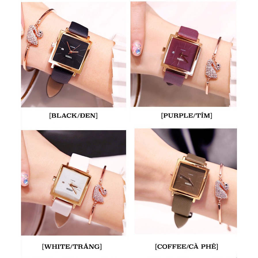 Đồng hồ thời trang nữ VISER dây da, có lịch ngày, mặt vuông tuyệt đẹp | BigBuy360 - bigbuy360.vn