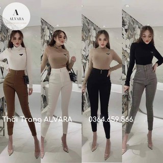 Quần jean nữ giả bò cạp cao ống bó hai cúc Alvara