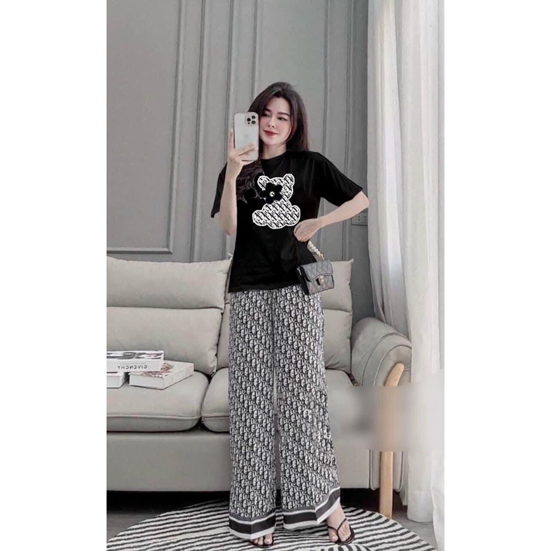 [10.10 Sale Freeship] Set bộ đồ mặc nhà, Set bộ thun tay ngắn hình gấu kèm quần dáng dài ống rộng thoải mái năng động