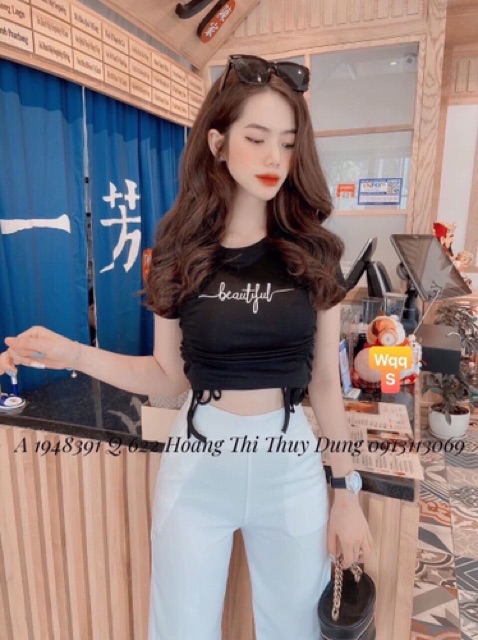 Áo croptop dây rút thêu chữ 6 màu thun cotton loại xịn RICH STORE CRT25