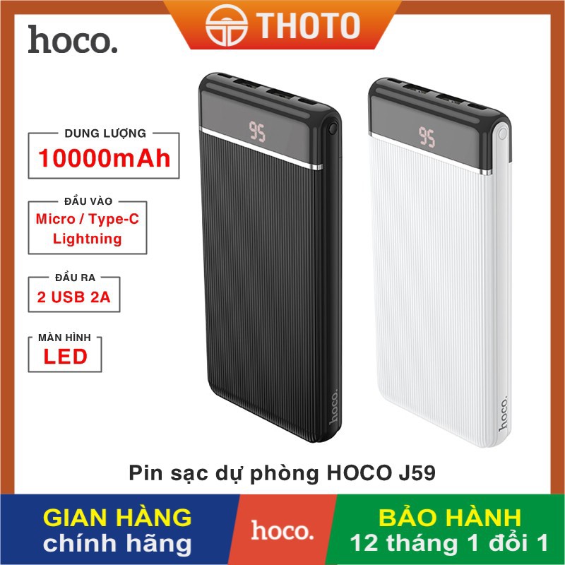 Pin sạc dự phòng di động HOCO J59 dung lượng 10000mAh mỏng gọn sử dụng vật liệu chống cháy, có màn LED - Hàng chính hãng