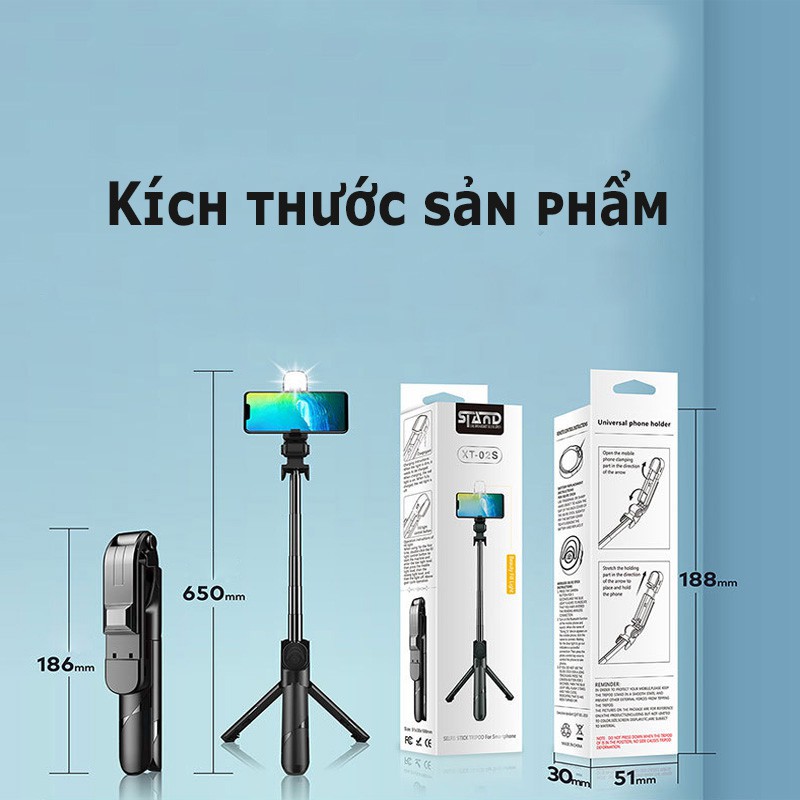 Gậy chụp ảnh tự sướng bluetooth XT02S có đèn LED trợ sáng tích hợp live steam học online chân đế tripod 3 chức năng